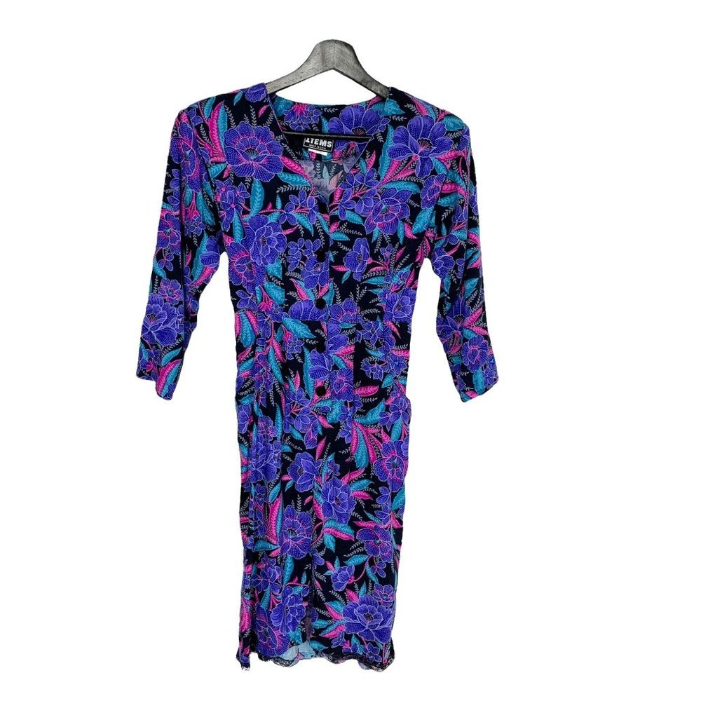 Vintage 90s Jewel Tone Button Up Floral Print Sheath Dress Small